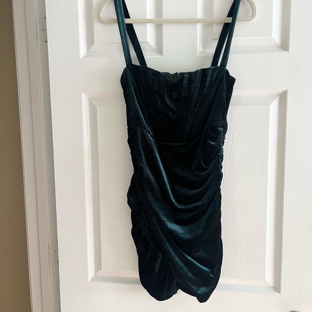 Dark emerald ruched velvet mini dress